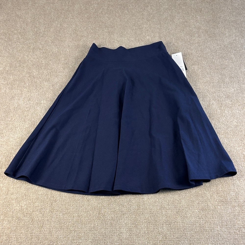 Linda Leal Women's Stretch Midi Navy A-Line Pullup Skirt Size XS NWT